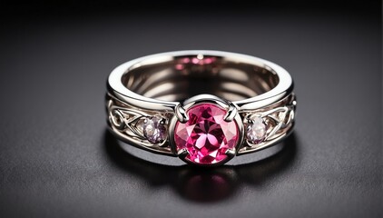 pair of silver rings with pink gemston plain black background from Generative AI