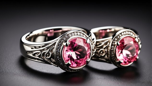 pair of silver rings with pink gemston plain black background from Generative AI