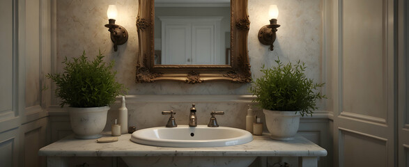 French Provincial Bathroom with Vintage Fixtures and a Touch of Romance in Realistic Interior Design with Nature Elements