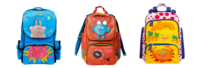 set of different classic school bags for elementary students, with cartoon characters and bright colors, isolated on transparent background