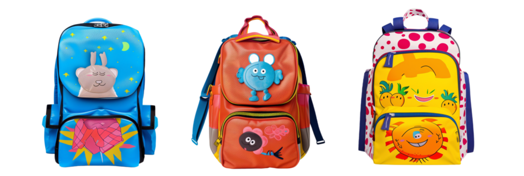 set of different classic school bags for elementary students, with cartoon characters and bright colors, isolated on transparent background