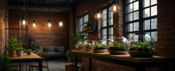 Foto op Canvas Garden Loft: An urban oasis with exposed brick and hanging terrariums in realistic interior design with nature photo stock concept © Gohgah