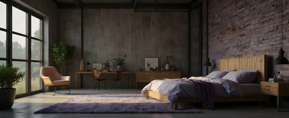 Obraz na płótnie Canvas Lavender Loft: A Stylish Industrial Bedroom with Calming Nature Elements and Realistic Interior Design Photography