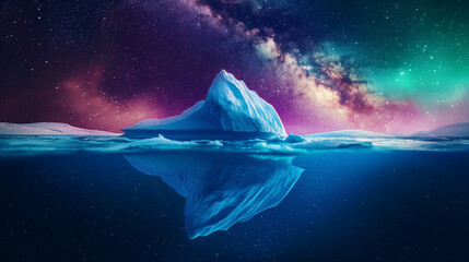 Iceberg floating on sea, Aurora light and Milky Way background.