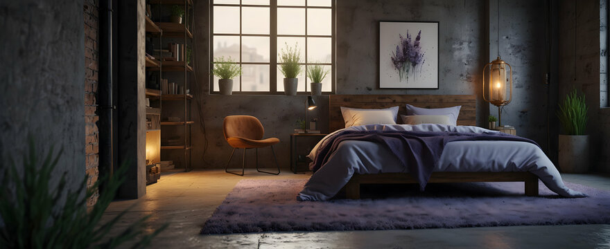 Lavender Loft: Industrial-Inspired Bedroom with Calming Natural Elements and Chic D?cor - Realistic Interior Design with Nature