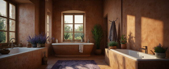 Obraz na płótnie Canvas Inviting Mediterranean Bathroom with Terracotta Tiles and Lavender Sprig in Realistic Interior Design - Nature Inspired