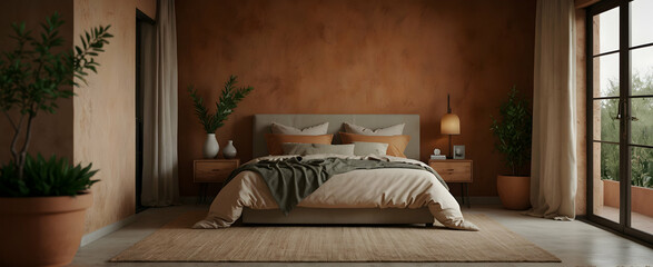 Mediterranean Slumber: A Mediterranean-Inspired Bedroom with Terracotta Accents and a Single Olive Branch for a Warm Ambiance in Realistic Interior Design with Nature Photo Stock Concept