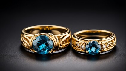 pair of gold rings with blue gemston plain black background from Generative AI