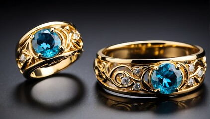 pair of gold rings with blue gemston plain black background from Generative AI