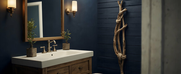 Nautical Nook: A Maritime-Inspired Bathroom Retreat with Navy Accents and Driftwood Piece in Realistic Interior Design with Nature