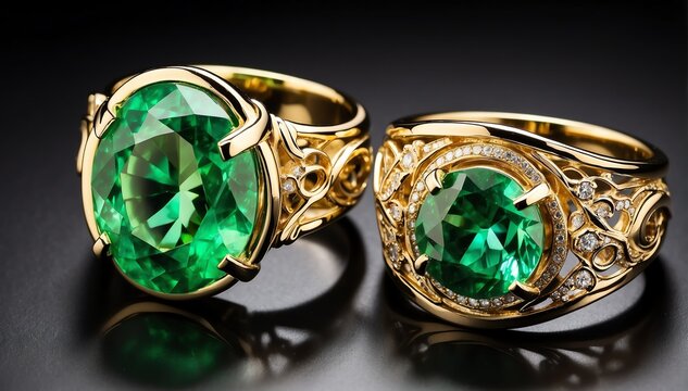 pair of gold rings with green gemston plain black background from Generative AI