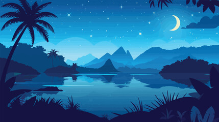 Fototapeta na wymiar a night scene with palm trees and mountains