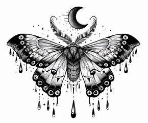 a black and white drawing of a moth - obrazy, fototapety, plakaty