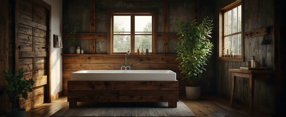 Cozy Lodge Bathroom: Rustic Retreat with Reclaimed Wood and Eucalyptus Branch for a Natural Interior Design Ambiance