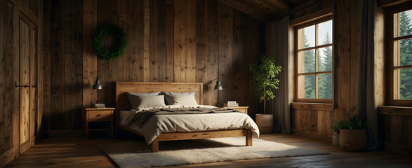Obraz na płótnie Canvas Rustic Retreat: Cozy Mountain Lodge Bedroom with Natural Wood and Pine Sapling - Realistic Interior Design with Nature Elements