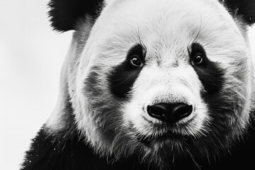 Tranquil monochrome composition featuring a black and white panda face on a white backdrop,...
