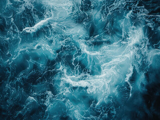 Top view of ocean waves churning with foam, creating intricate patterns of white and deep blue, dynamic water texture. Marine background. Ai generation