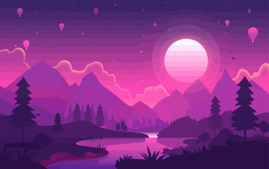 a landscape with mountains, trees, and a river at night