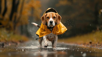 A mischievous Beagle, raincoat askew and covered in mud, gleefully splashes in puddles after a...