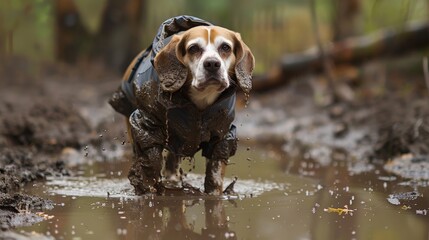 A mischievous Beagle, raincoat askew and covered in mud, gleefully splashes in puddles after a playful romp in the rain