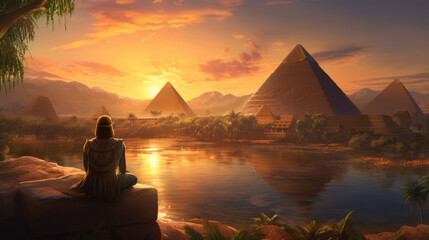 Landscape with ancient Egyptian pyramids, beautiful sky and sunset. The concept of ancient history. AI-generated. - obrazy, fototapety, plakaty