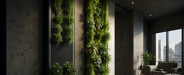Modern Apartment with Vertical Garden Wall and Sustainable Design in Realistic Urban Oasis Interior with Nature Elements - Stock Photo
