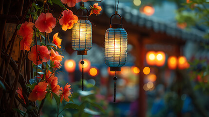Obraz premium A long lantern flower is hanging. Generative Ai