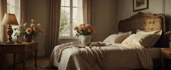 Vintage Dream: A Nostalgic Retreat in Realistic Interior Design with Antique Touches and Nature Photo Stock Concept