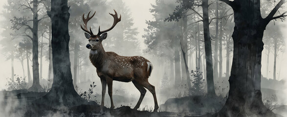 Watercolor hand drawing of Ashen Fauna: Deer grazing in an industrial ash landscape - a silent plea for environmental care. Double exposure close-up of small animal. Stock photo for construction conce