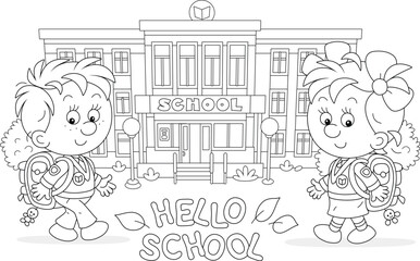 Greeting card with happy little schoolboy and schoolgirl with schoolbags going to their pretty school fro start of classes, black and white outline vector illustration for a coloring book