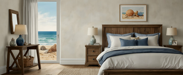 Coastal Comfort: Watercolor Hand Drawing of a Beach Themed Bedroom with Sandy Tones and Seashell Collection - Realistic Interior Design Concept with NaturePhoto Stock Construction