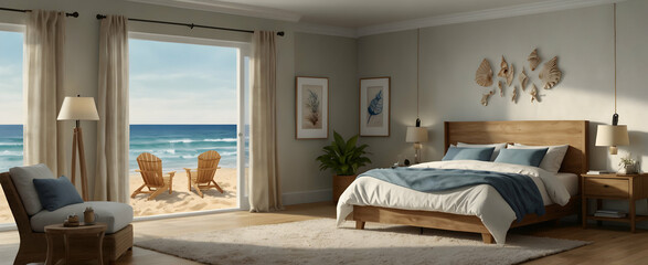 Fototapeta na wymiar Serene Coastal Escape: Watercolor Bedroom with Sandy Tones and Seashell Collection � Realistic Interior Design with Nature Element, Perfect for Coastal Getaway