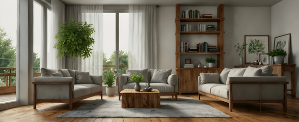 Watercolor hand drawing of an elegant living room with reclaimed wood furniture and a small indoor herb garden, creating an eco-chic interior with realistic nature-inspired design for photo stock and 