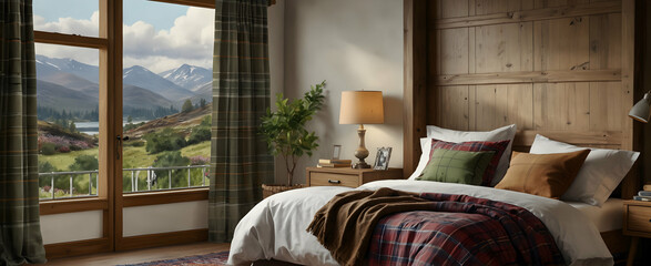 Watercolor hand drawing of Highland Haven: A realistic interior design with a highland themed bedroom featuring tartan patterns and a heather plant for a Scottish touch. Nature photo stock constructio