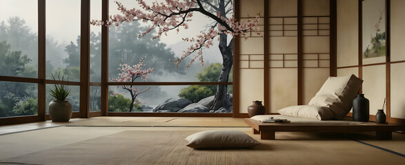 Japanese Zen Bedroom with Tatami Mats and Cherry Blossom: Watercolor Hand Drawing Depicting a Harmonious Space in Realistic Interior Design with Nature - Stock Photo Concept