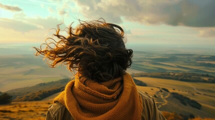 A person with their hair blowing gently in the breeze, gazing out at a breathtaking landscape with...