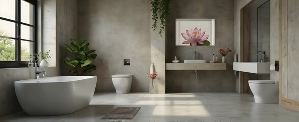 Minimalist Bathroom Interior with Watercolor Lotus: Clean Lines and Natural Elements for Uncluttered Serenity