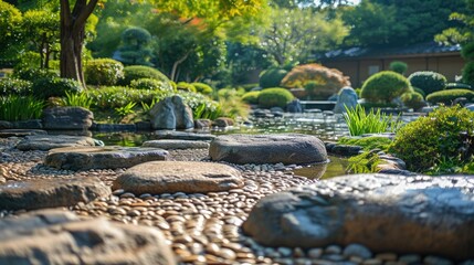 Obraz premium An intricately designed Japanese garden featuring a small waterfall, koi pond, and well-placed stones, exuding harmony and peace. Resplendent.
