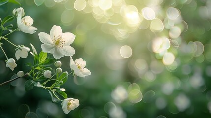 White flowers and buds on a branch with a soft bokeh background.