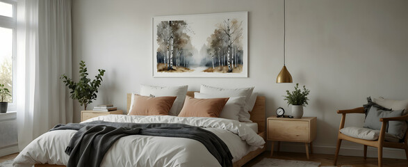 Tranquil Nordic Dreams: Watercolor Hand Drawing of a Scandinavian Bedroom with Soft Textures and Minimalist Birch Tree - Realistic Interior Design Concept