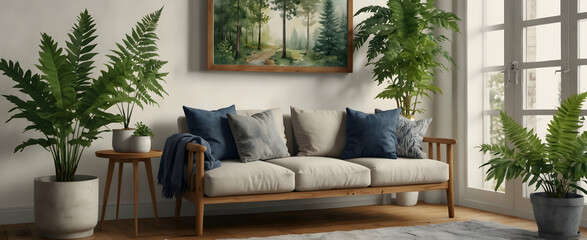 Watercolor hand drawing of a cozy Nordic nook with hygge elements and a simple fern, creating a tranquil corner for relaxation in a realistic interior design with nature concept. - obrazy, fototapety, plakaty