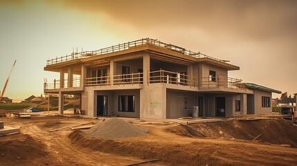 Naklejka premium Construction residential new house in progress at building site