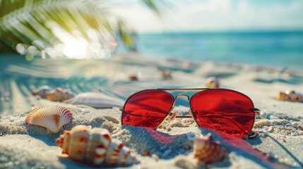 Fototapeta na wymiar Sunglasses on the beach. Beautiful sea view.Summer concept.