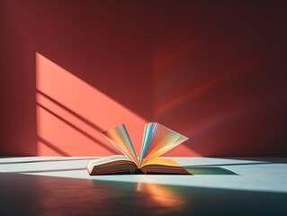 A book opened, placed in a minimalist bright color space, light and shadow, design, bright colors and light, modern visual art - obrazy, fototapety, plakaty