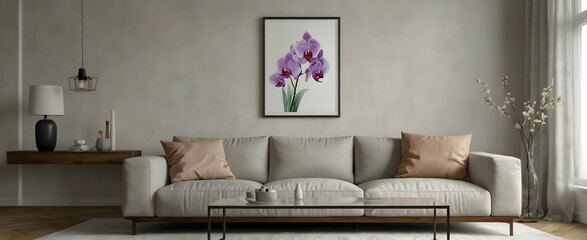 Simple Scandinavian Living Room with Watercolor Drawing of Delicate Orchid and Clean Lines in Realistic Interior Design Concept with Natural Photo Stock Construction