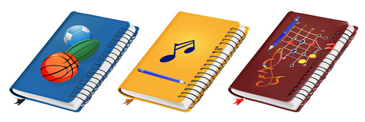 set of different school notebooks, one with a sports theme, another with a science motif, and the...