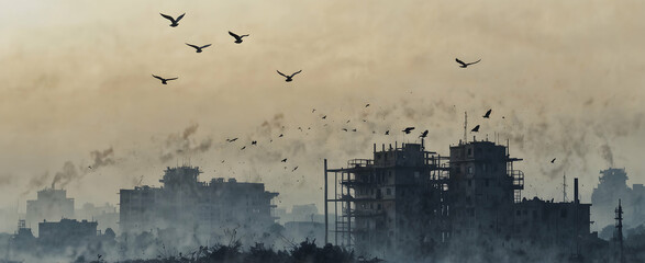 Watercolor Hand Drawing of Smoggy Nesting Birds in a Stark Image of Resilience Amidst Pollution with Close-Up Small Animal Double Exposure - Stock Photo Construction Concept - obrazy, fototapety, plakaty