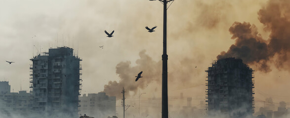 Watercolor Hand Drawing: Smoggy Nesting Birds in Resilience Amidst Pollution. - obrazy, fototapety, plakaty
