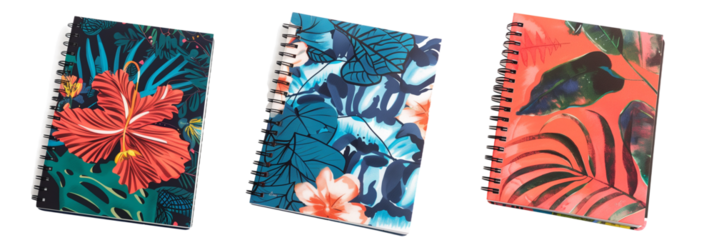 set of different school notebooks, one with a floral design, another with abstract art, and the third featuring eco-friendly materials, isolated on transparent background