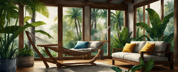 Stunning Watercolor Hand Drawing of Brazilian Inspired Living Room with Lush Tropical Plants and Hammock - Realistic Interior Design Concept for a Tranquil Nature-Themed Photo Stock